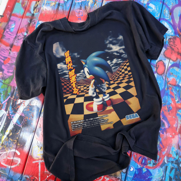 90s JAPANESE SONIC 3D WASHED BLACK T SHIRT